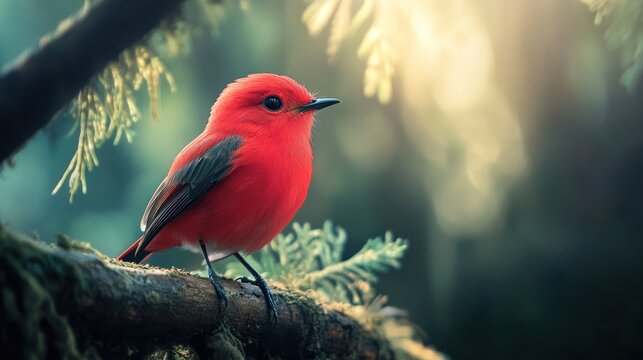 Red bird perched on branch, forest background, sunlit