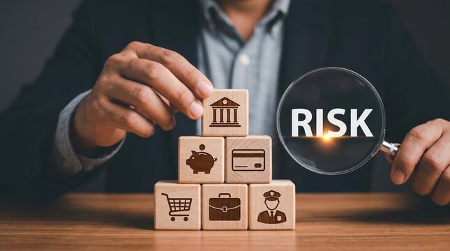 Man examining risk associated with financial services using a magnifying glass over wooden blocks shopping cart security guard business risk assessment financial management investment risk