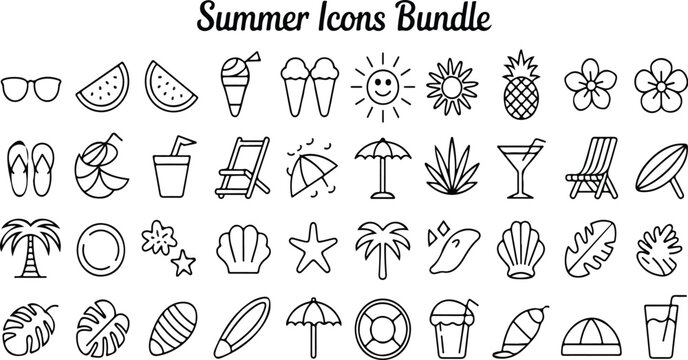 Summer vacation icon mega bundle hand drawn line art style minimalist beach holiday tropical season clip art vector set