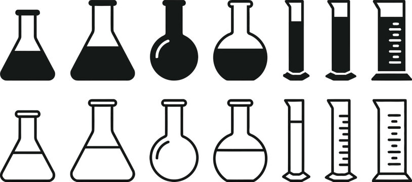 Chemistry flask icon pack, science laboratory beaker silhouette