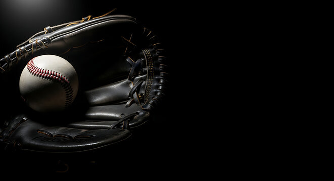 Close up of a baseball resting in a leather glove ready for the game