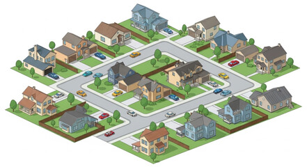 Fototapeta premium Suburban Neighborhood Street View with Houses and Cars.