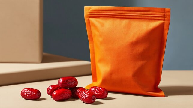 Orange packaging pouch placed on a beige surface with red dates scattered around, showcasing a minimalistic and modern product presentation