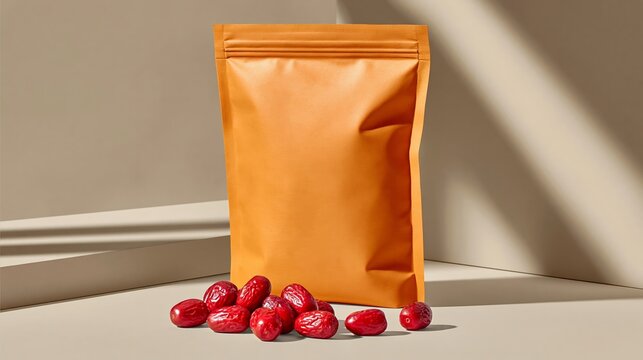 Orange packaging bag with zipper closure placed on a beige surface, surrounded by red dates, showcasing a minimalist and modern aesthetic