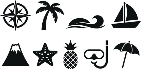 Obraz premium Vibrant tropical clip art set palm trees pineapples summer vacation icons