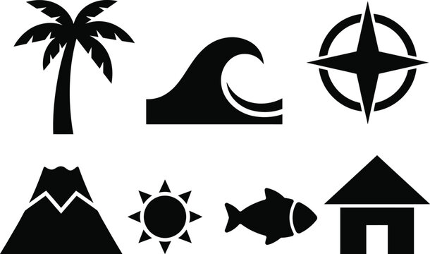 Tropical clip art set palm trees waves mountains island elements