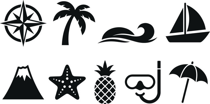 Vibrant tropical clip art set palm trees pineapples summer vacation icons