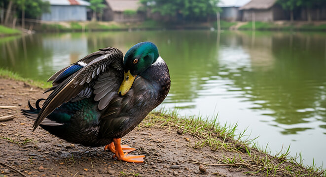 A duck preening its feathers on the muddy bank of a serene green pond