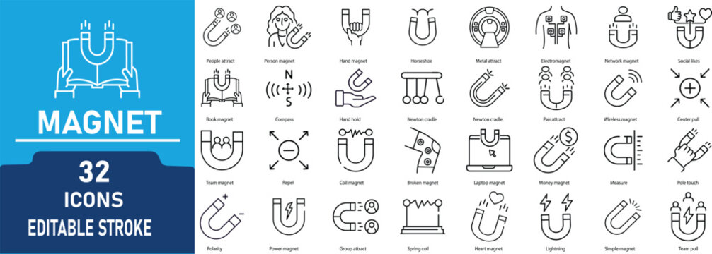 Magnet Line Icon Set.Contains icons related to Attraction, Electromagnetism,Repulsion,and more. Editable stroke. Vector illustration.