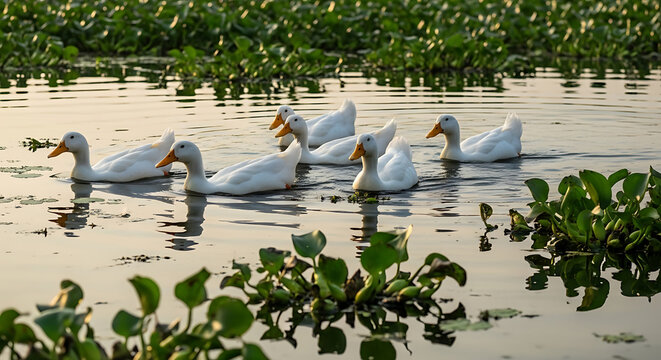 Seven white ducks swimming in a serene lake with green plants