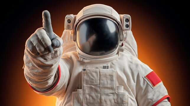 Astronaut in a white space suit with a helmet pointing forward against a dark background illuminated by orange light, showcasing a futuristic space theme