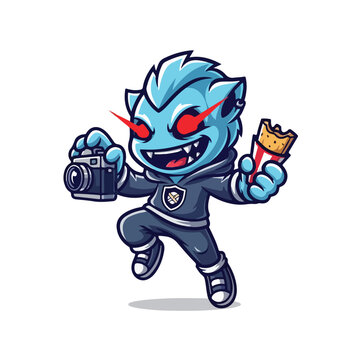 Cartoon Ice Creature Photographer with Snack
