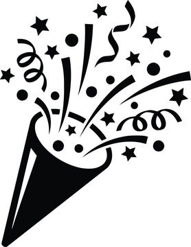Party popper silhouette with confetti and stars, celebration icon vector
