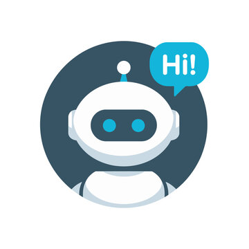 Chatbot symbol illustration, virtual assistant robot saying hello, voice support and AI service concept icon, clean minimal vector design, modern digital customer support graphics.