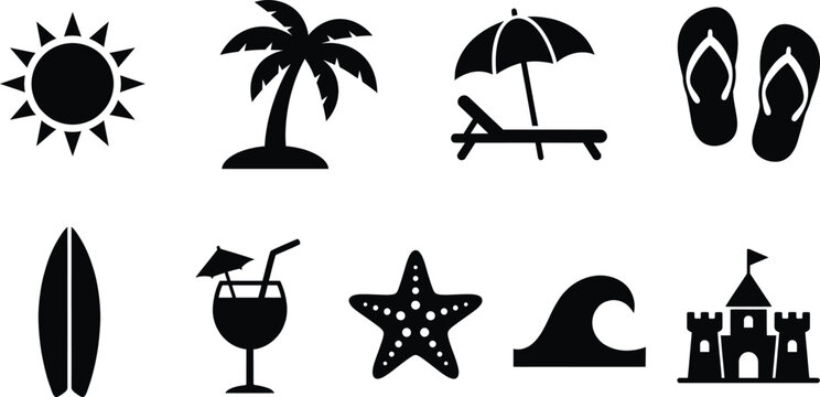 Vibrant tropical clip art set sun palm trees beach summer icons