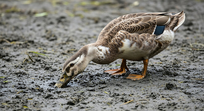Duck bending down to peck at the muddy ground with its beak