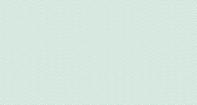 Green guilloche pattern with flowing watermark lines creates secure money background. Intricate wave grid texture for passport certificates and currency design elements.