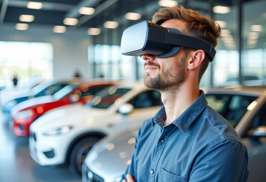 man in a car dealership wearing VR glasses chooses a car to buy