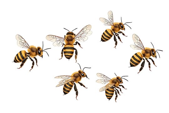 Detailed vector collection featuring a nature set of bees isolated alongside a black insect silhouette pattern of a butterfly, beetle, and ladybug macro illustrationDetailed vector collection featurin