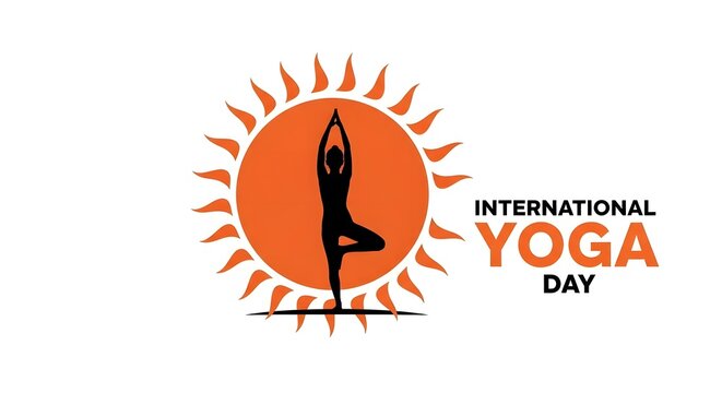 Celebrating international yoga day silhouette of a yogi in tree pose against a radiant sun background