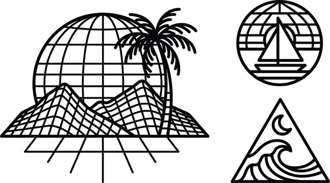 Vibrant tropical clip art palm trees islands and ocean wave illustrations