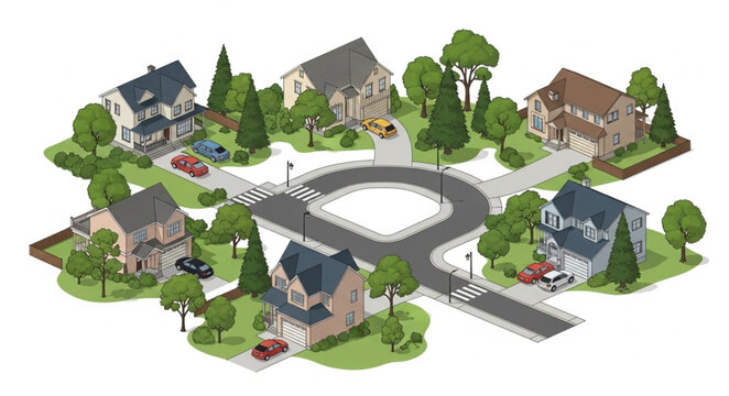 Suburban Neighborhood Street Scene with Houses and Cars.