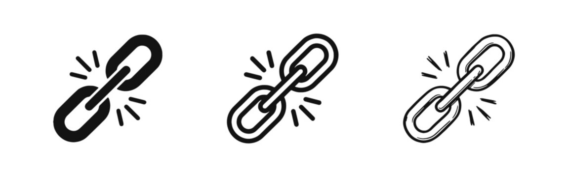 Chain Link Connection Icon Set in Three Different Styles Solid Outline and Hand Drawn