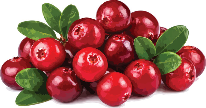 Pile of Red Cranberries with Leaves on White Background