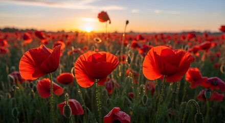 Fototapeta premium Vibrant Red Poppies at Sunset