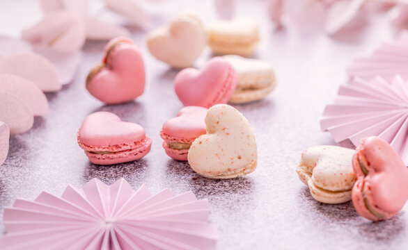 Pink Heart Shaped Macarons for  Mother's Day Brunch, Valentine's Day Dessert Menu or Romantic Patisserie Branding