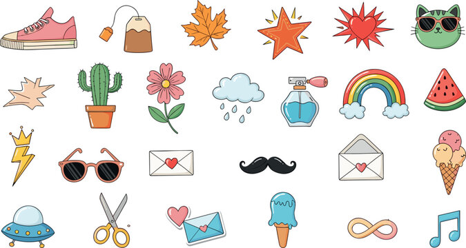 Quirky Doodle Icon Set Featuring Sneakers, Leaves, Ice Cream, Rainbow, UFO, and Funky Objects for Fun Designs