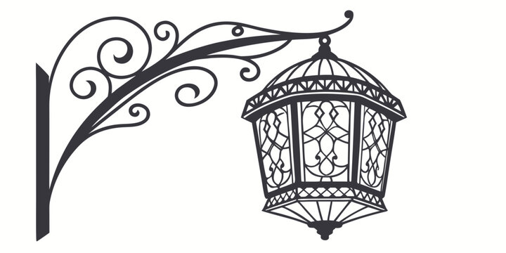 Vintage ornate wall mounted street lantern with decorative iron bracket lighting decorative scrollwork silhouette background illustration exterior architectural ornament historic nostalgic