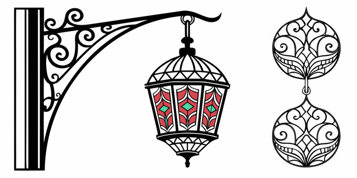 Ornate street lantern wall mounted lamp illustration with illustration decorative classical silhouette architectural lighting isolated decoration framework scrollwork ornament detailed