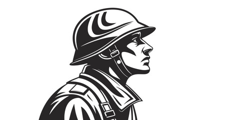 Graphic illustration of a soldier in a helmet looking forward black and white profile portrait military portrait illustration serviceman protection patriotism soldiering infantry silhouette © Ruhi