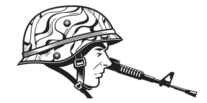 Soldier wearing combat helmet and holding rifle illustration with military camouflage tactical infantry security weaponry protection headgear fighting commando illustration isolated