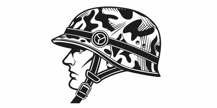 Profile view of soldier wearing camouflage helmet illustration with military camouflage tactical infantry security protection headgear fighting commando illustration isolated patriotic