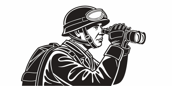 Graphic illustration of soldier wearing helmet carrying equipment with military binocular observation tactical surveillance reconnaissance strategy battlefield protection equipment backpack
