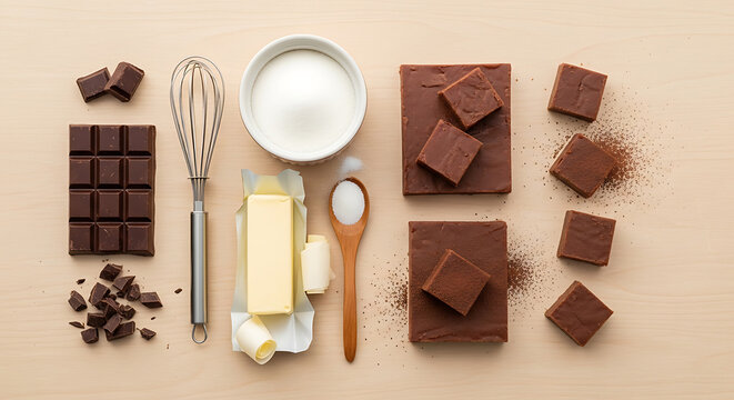 Overhead shot of baking ingredients and finished chocolate fudge squares on a light wooden table.