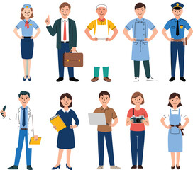 Fototapeta premium Set of diverse professional workers and essential employees in various uniforms including police officer doctor flight attendant and chef