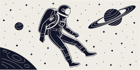 Astronaut floating in outer space among planets and stars line art illustration with sci fi zero gravity astronaut astronomy exploration universe spaceman adventure floating interstellar © Ruhi