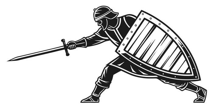 Medieval knight wearing plate armor wielding a broadsword and large kite shield with medieval historical fighting protection gladiator silhouette isolated illustration strength medievalism