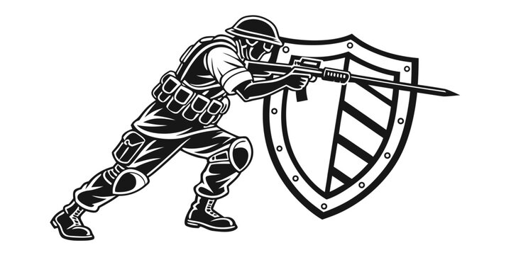 Silhouette illustration of a soldier in a tactical stance holding a rifle with an attached bayonet behind a defensive shield military personnel military tactical protection infantry security