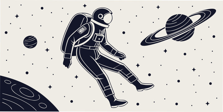Astronaut floating in outer space among planets and stars line art illustration with sci fi zero gravity astronaut astronomy exploration universe spaceman adventure floating interstellar