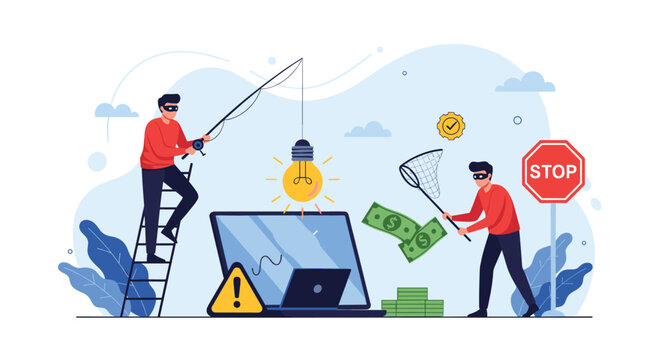Two masked thieves using a fishing rod and a net to steal a bright idea lightbulb and money from a laptop computer.