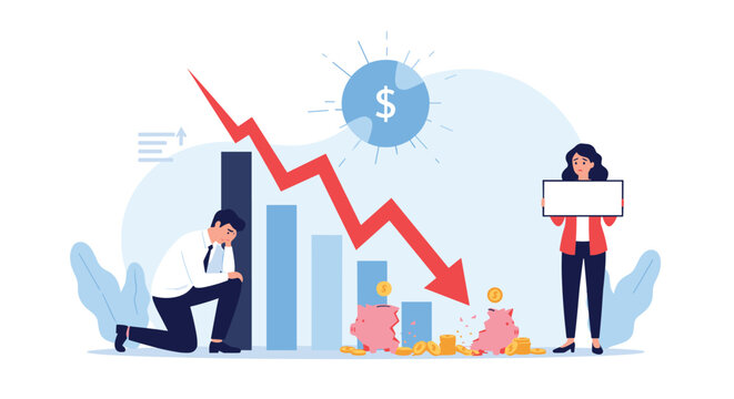 Business colleagues look distressed as a red arrow trends downward over broken piggy banks during a major global financial crisis.