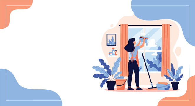 Housekeeper cleans a large window with a squeegee and spray bottle in a bright room filled with indoor plants and cleaning supplies.