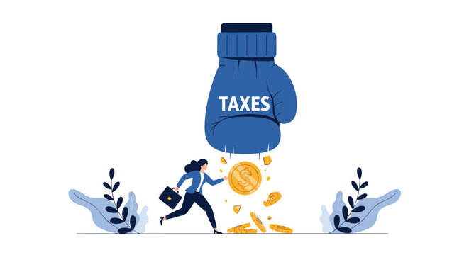 Professional woman runs away from a giant boxing glove labeled taxes that is crushing her savings in a metaphorical business scene.