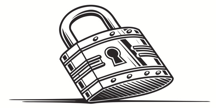 Black and white illustration of a sturdy metal padlock with security protection illustration isolated business hardware mechanism fastener engraving industrial unlocked