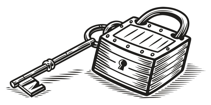 Vintage style square padlock with a large metal key isolated security protection illustration isolated business hardware mechanism fastener engraving industrial unlocked