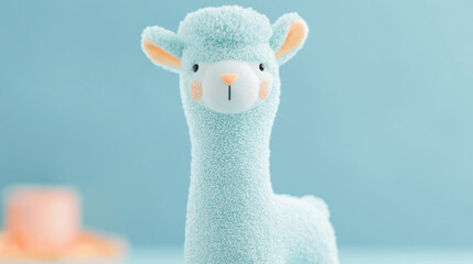 Obraz premium Close Up Portrait of a Cute Blue and White Knitted Alpaca Toy Standing Centered Against a Solid Light Blue Background with Soft Shadow Below
